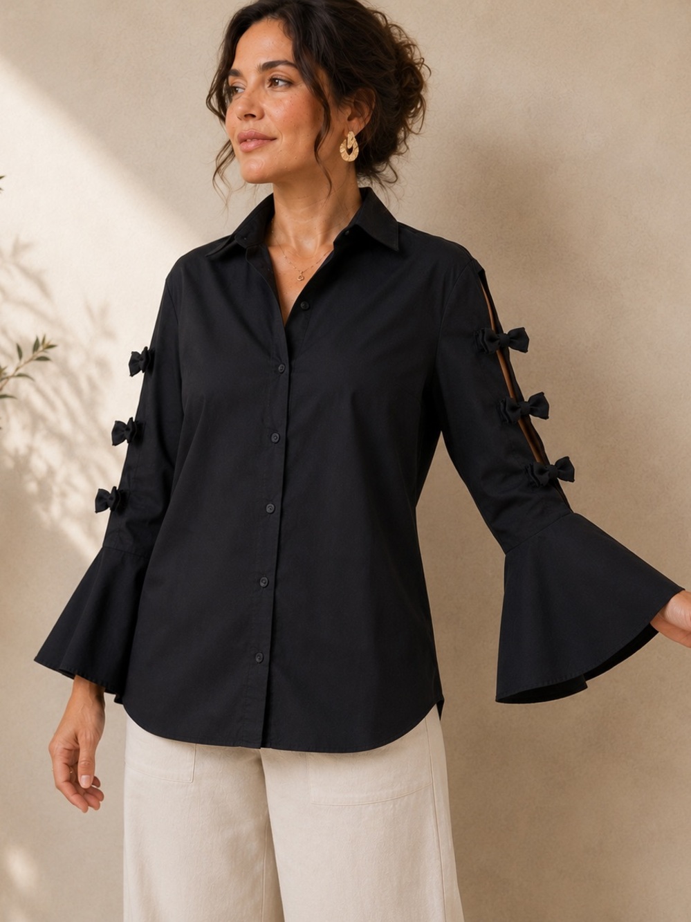 Statement Bow Sleeve Bell Cuff Stretch Cotton Blouse | Best Fits Large